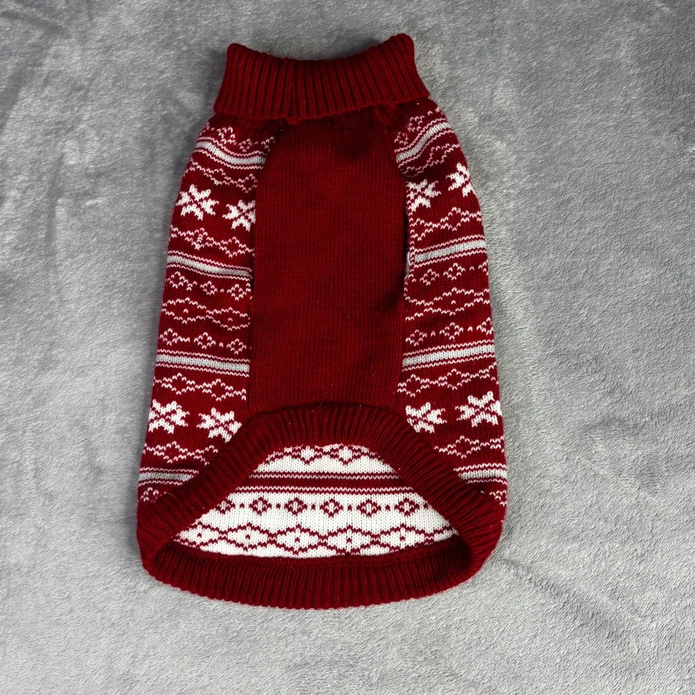 Dog Sweater Small Red Fair Isle Snowflake Holiday Pom Pom Turtleneck Christmas